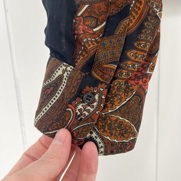 A.L.C. Racci Print Silk Blouse Sheer Long Sleeve Paisley Size Medium Brown Black - Picture 6 of 16
